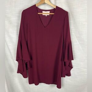 Charles Henry Burgundy V-Neck Dreds Ruffle Sleeve Tunic